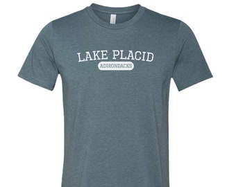 Lake Placid Varsity Logo Print Tee Shirt - Eco-friendly T-Shirt Adirondack Logo White - Lake Placid Gift - ADK Graphic on a Bella Tee - Eco