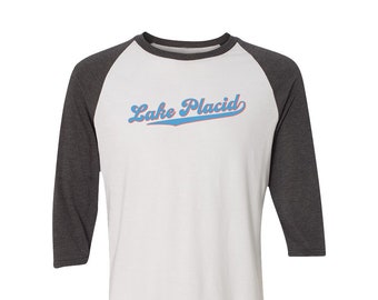 Lake Placid Retro Script Adirondack 3/4 Sleeve Raglan Shirt Unisex T - Adirondacks Raglan Shirt - Adirondack Gift Men Women - Lake Placid