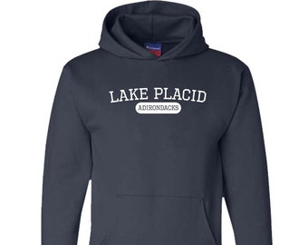 Lake Placid Varsity Logo Print Adirondacks Hoodie - Pullover Sweatshirt With Hood - Lake Placid Champion Sweatshirt Eco-Hoodie - Lake Placid