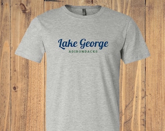 Lake George Classic Script Logo Print Tee Shirt - Eco-friendly T-Shirt Lake George Logo Blue- Adirondack Gift - ADK Graphic on a Bella Tee