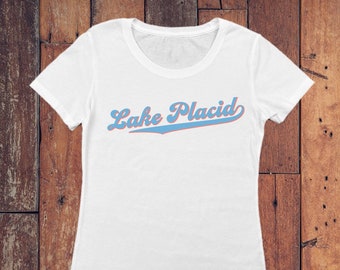 Lake Placid Retro Script Vintage Faded Women's Tee Shirt - Adirondack Ladies T-Shirt - ADK Tee Women's Fitted Gift T - Lake Placid Apparel
