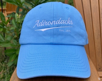 Adirondack Script Embroidered Cotton Twill Hat in Carolina Blue  - Adirondack Dad Hat Gift - Adirondacks Hat Ladies Blue - Made in the USA