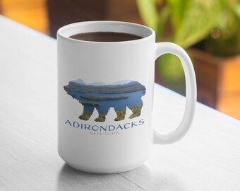 Adirondack Lake Photo Bear Silhouette Ceramic Mug 15 oz. - High Peaks, NY - Adirondack Park, New York Ceramic Mug - Adirondack Mug Gift