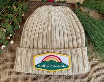 Adirondacks Recycled Cable Knit Winter Hat - Adirondack Gift Hat Beanie with Nautical Patch - Upstate Recycled Beanie - Adirondacks Hat