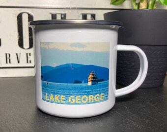 Lake George Boats Retro Illustration Camp Mug, Lake George Gift Mug, Adirondacks, New York, Lake George, NY - 12 oz  Mug - Graphic Camp Mug