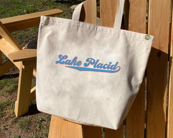Lake Placid Retro Script Recycled Cotton Canvas Tote Bag - Lake Placid Eco Bag - Lake Placid Recycled Tote - Adirondacks Recycled Cotton Bag