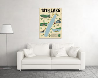 Thirteenth Lake Illustrated Map on Canvas Print, Wall Art, 13th Lake Map Adirondacks, Adirondack Decor, Adirondack Gifts