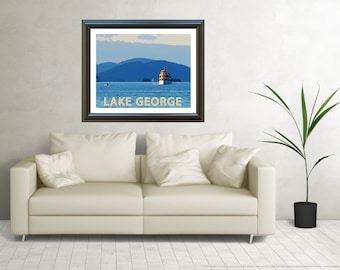 Adirondacks Lake George Boats Travel Poster - Lake George Retro Illustration Poster - Lake George Digital Art Poster - Lake George Wall Art