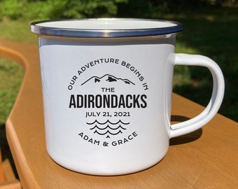 Our Adventure Begins in the Adirondacks  Personalized Wedding Camp Mug - 12 oz Couples Gift - Adirondacks Wedding Favors Camp Mug Adirondack