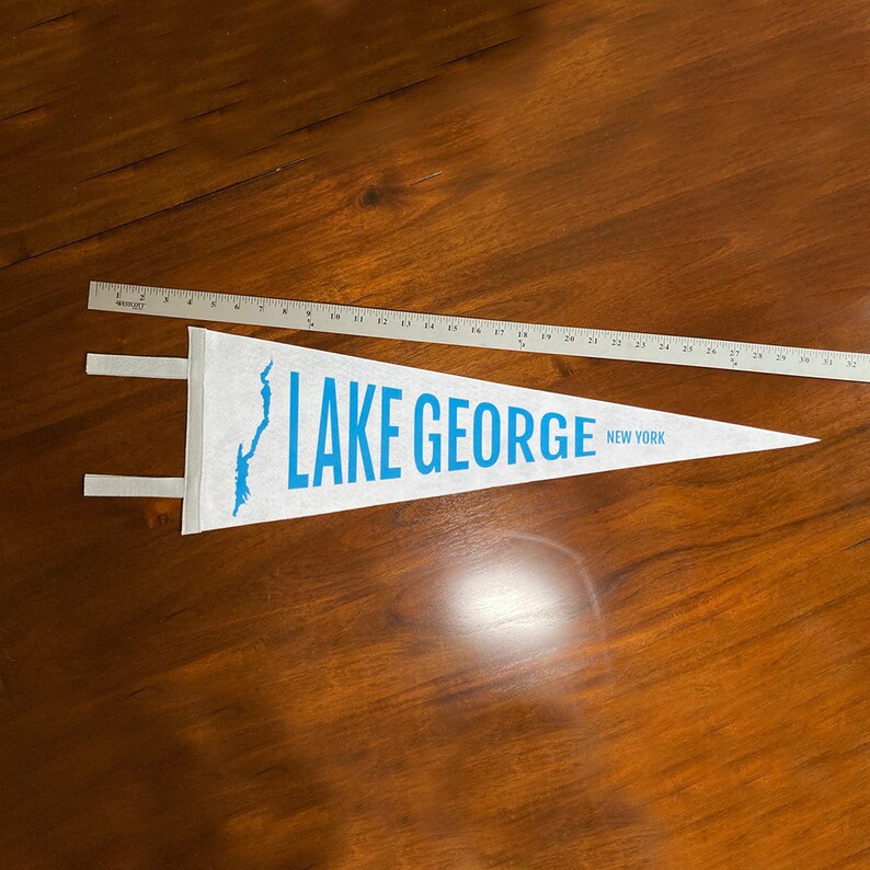 Lake George Pennant Lake George Adirondacks Pennant White and Blue with Lake Graphic Lake George Wall Art 9"x27" inches