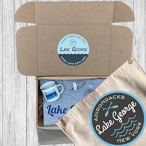 Lake George Gift Box - Adirondacks Themed Gift Box - Lake George Shirt - Lake George Camp Mug - Lake George Hat - Lake George Patch  ADK Box