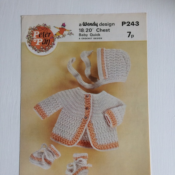 Vintage Crochet Baby Pattern/Peter Pan Wendy design P243/ Crochet baby jacket, Hat and Bootees.