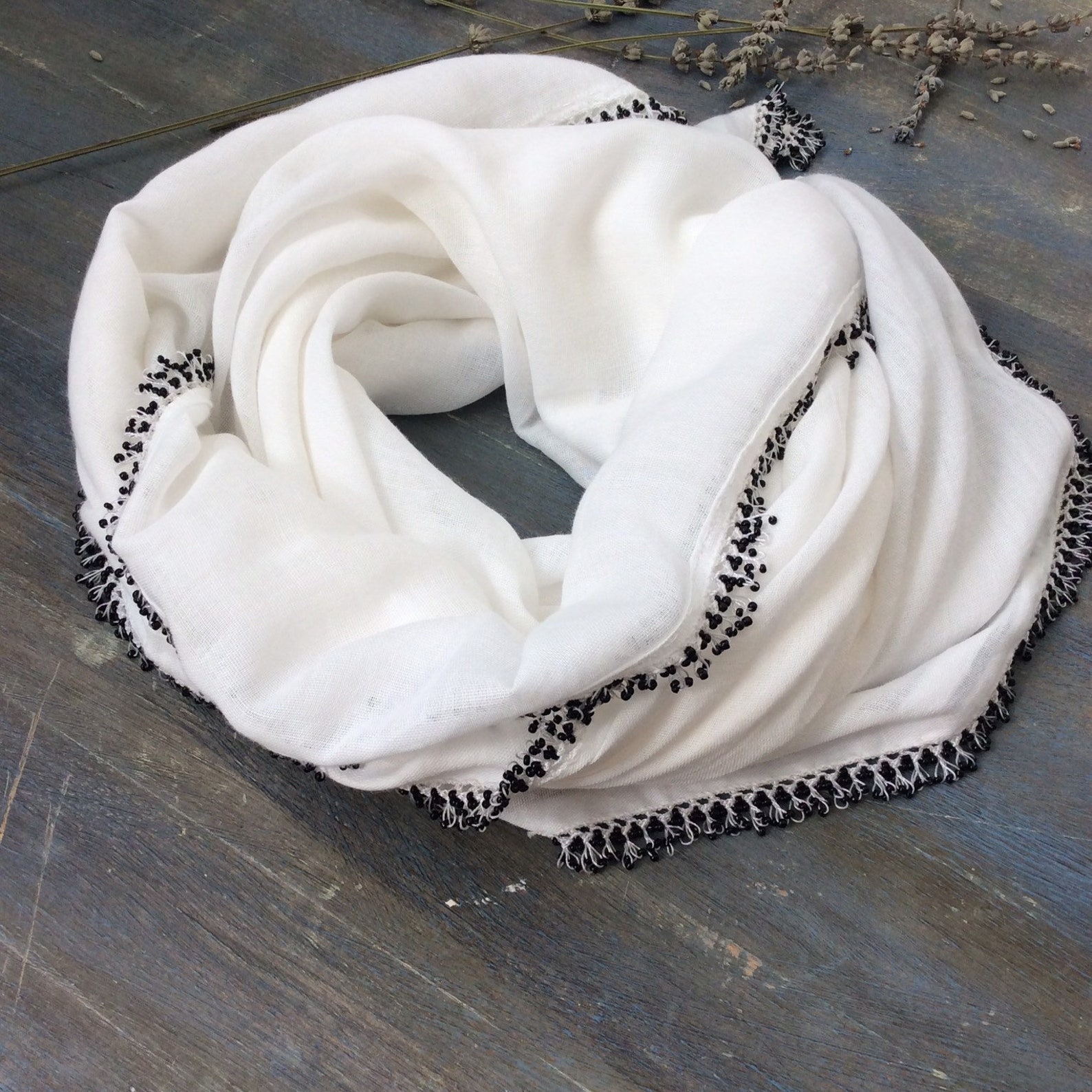 White Beaded Gauze Cotton Scarf Wrap for Women Gifts for Etsy