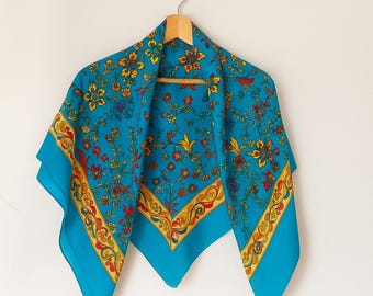 Turquoise Floral Cotton Headscarf: Vintage Turkish Boho Shawl