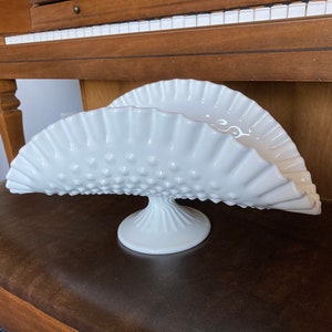 Fenton Hobnail White Milk Glass Banana Boat / Fruit Stand with Pedestal