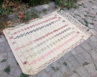 Turkish Cicim Kilim 36x45 inches Cream color embroidered small kilim wool kilim Anatolian kilim