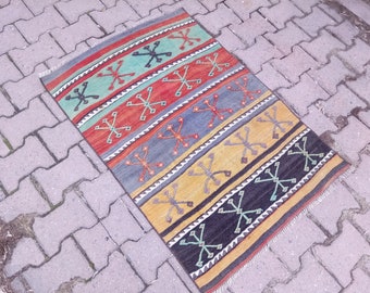 Turkish Small Kilim 31x44 inches Cicim Design Kilim Anatolian Striped Kilim Vibrant color Kilim Small Turkish Rug Welcome Kilim Entry Kilim