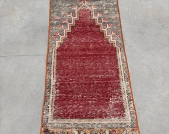 Small Rugs Turkish Prayer Vintage Oushak For Gift 1.7x3.6 ft Orange Oriental Handwoven Wool Eclectic Pastel Vintage Home Decor Office