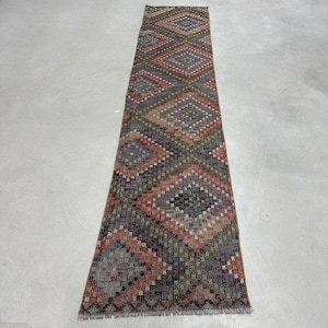Vintage Kilim, Turkish Kilim, Runner Kilim, Embroidered Oushak Kilim, Rugs For Corridor, 2.3x10.6 ft Purple Kilim, Antique Anatolian Rug,