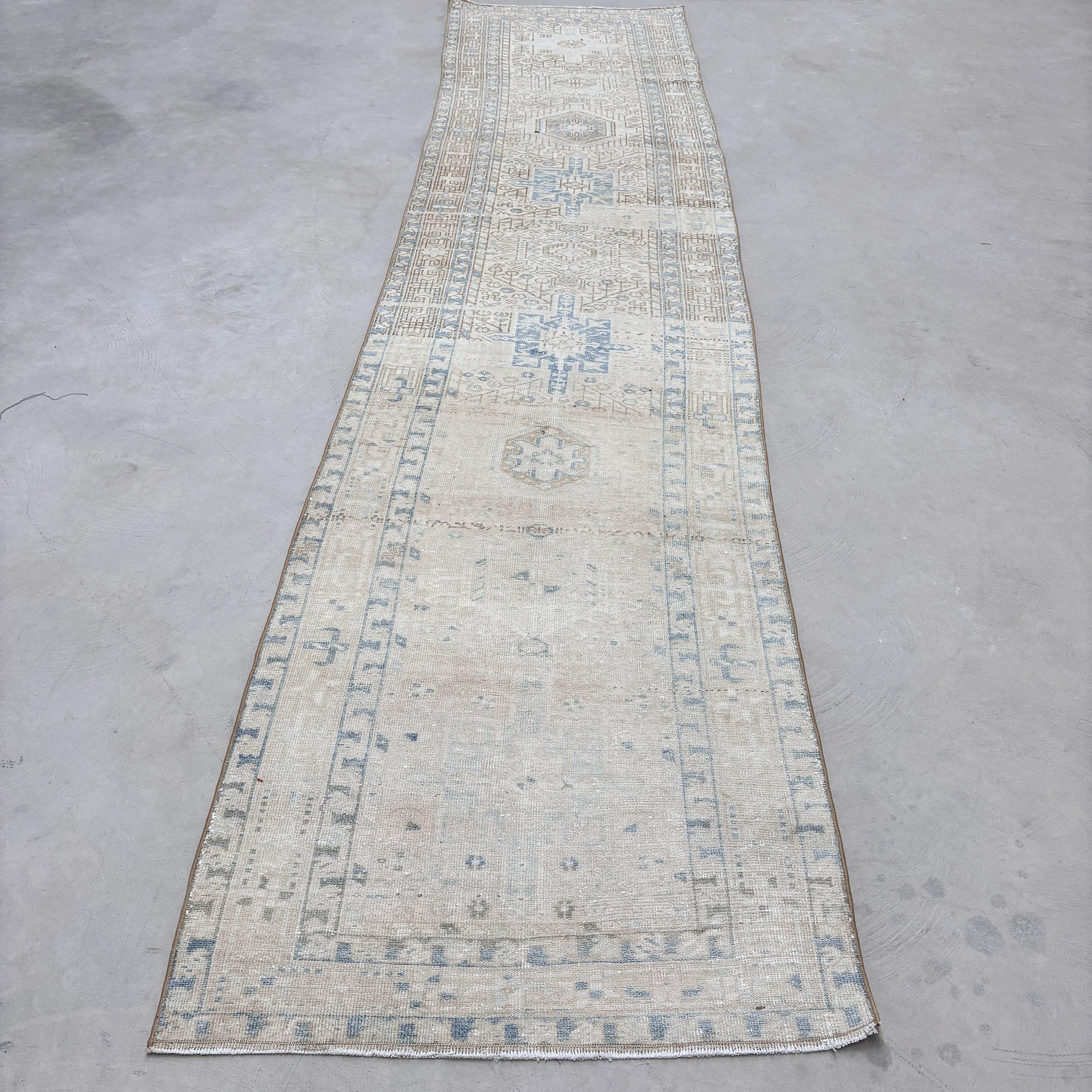 Vintage Turkish Runner Rug, 3x15ft, Subtle Beige and Blue Tones, Geometric Pattern, Handwoven Antique Decor