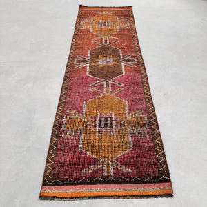 Vintage 3x10.2 ft Rug, Turkish Runner Rug, Red Patchwork Rug