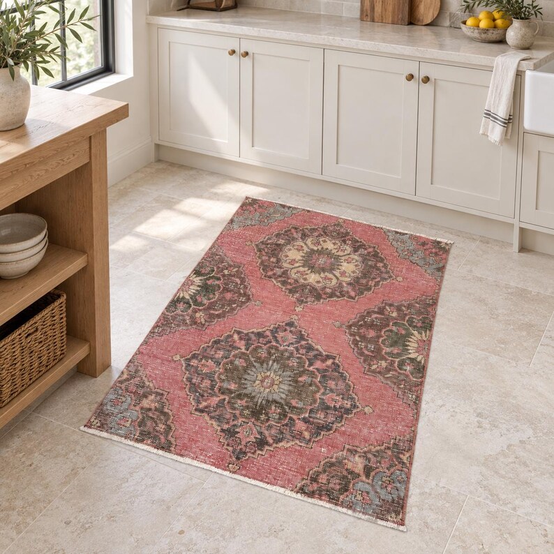 Pimk Rug Pink and Brown Vintage Sille Rug, Wool Rug, Small Vintage Rug, 3.3 X 4. ...