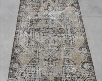 Vintage Rug Accent Turkish Faded Oushak Rugs For Bathroom 3.4x4.6 ft Bronze Wool Entryway Old Hand Knotted Flatweave Ethnic Floor Muted