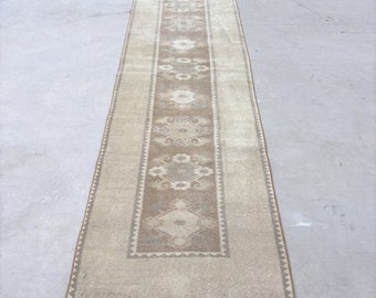 Vintage Rug Runner Rugs Turkish Muted Anatolian For Corridor 2.6x9.5 ft Beige Kitchen Decor Muted Hand Woven Eclectic Aztec Cute Bright