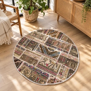 Patchwork Anatolian Rug, Brown and Beige, Vintage 3.2 x 3.2 ft Square Patchwork Rug, Muted Multicolor Accent Piece