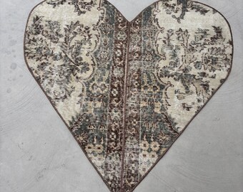 Round Rug Small Rugs Vintage Turkish Patchwork Antique For Bathroom 3.6x3.6 ft Brown Heart Design Kids Vintage Home Decor Handwoven Wool