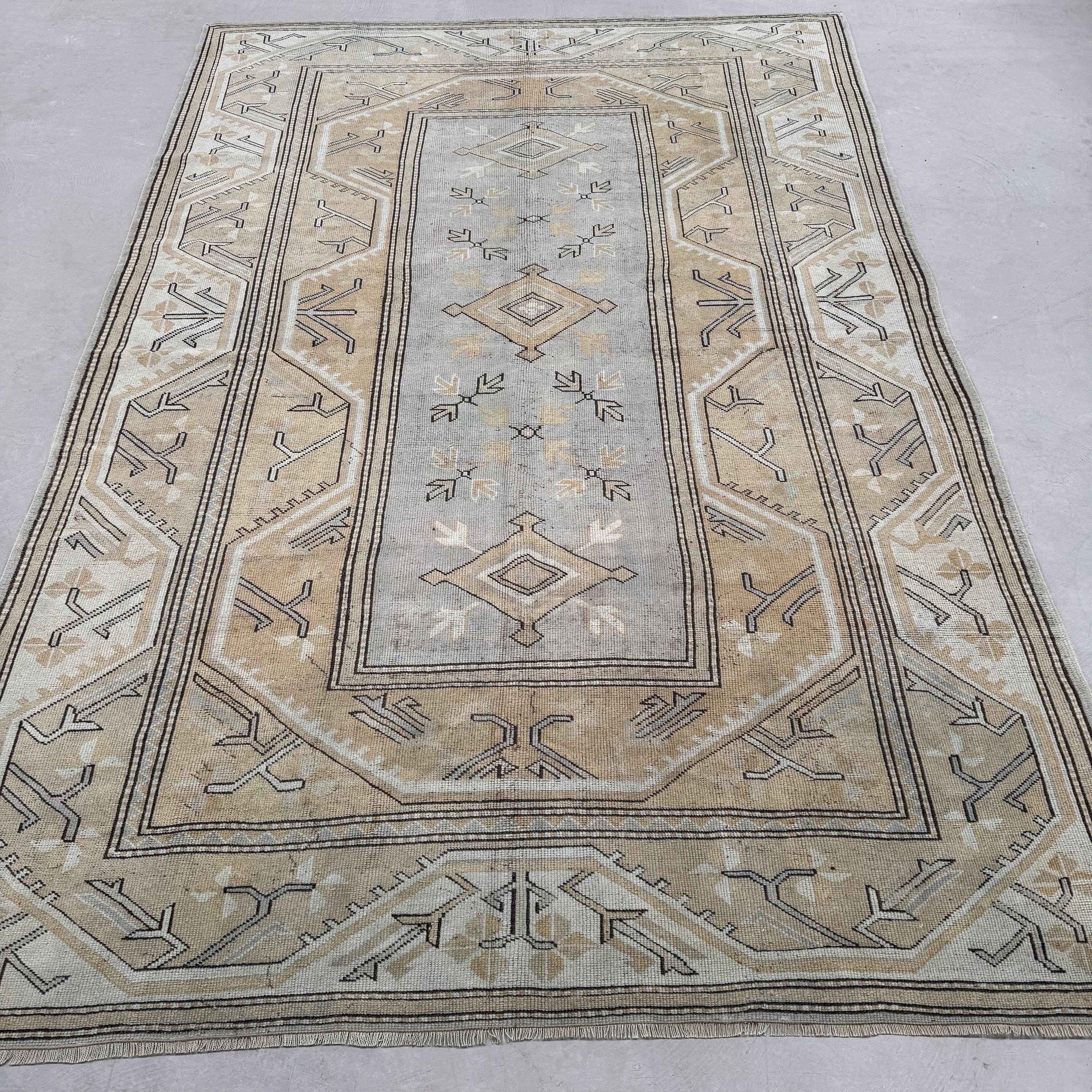 Vintage Turkish Rug, Geometric Patterns, Soft Earth Tones Vintage Turkish Rug, Geometric Patterns, Soft Earth Tones