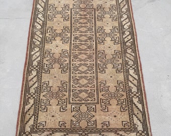 Small Rug Vintage Turkish Oushak Rugs For Bathroom 2.9x4.1 ft Beige Anatolian Cute Door Mat Antique Wool Authentic Outdoor Boho Home Decor