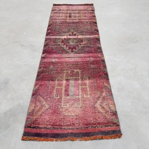 Vintage Turkish Runner Rug, Unique Geometric Pattern, Rich Pink Tones, Handwoven Carpet, 3x10ft, Traditional Bohemian Decor