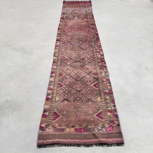 Turkish Runner Rug, Vintage Antique Hallway Rugs 3x13 ft, Pink Wool Anatolian Stair Handmade Ethnic, Muted Natural Carpet