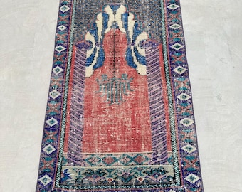 2.5x4.3 ft Rug, Turkish Vintage Rug, Red Blue Oriental Rug