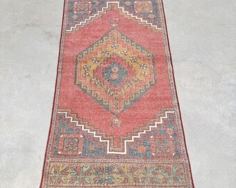 Turkish Rug Vintage Small Rugs Antique For Bathroom 2.3x5 ft Red Oriental Kitchen Cute Anatolian Hand Knotted Organic Bohemian Handmade