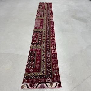 Vintage Kilim, Runner Kilim, Turkish Kilim, Geometric Oushak Kilim, Rugs For Stair, 2x13.3 ft Purple Kilim, Ivory Flatweave Area Rug,