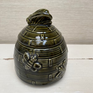 Vintage Green Ceramic Glazed Bee Finial Honey Jar