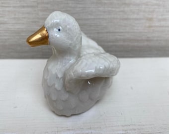 White Small Ceramic Duck with Gold Beak Wings Flapping Ornament Figure 6 x 7.5 cm