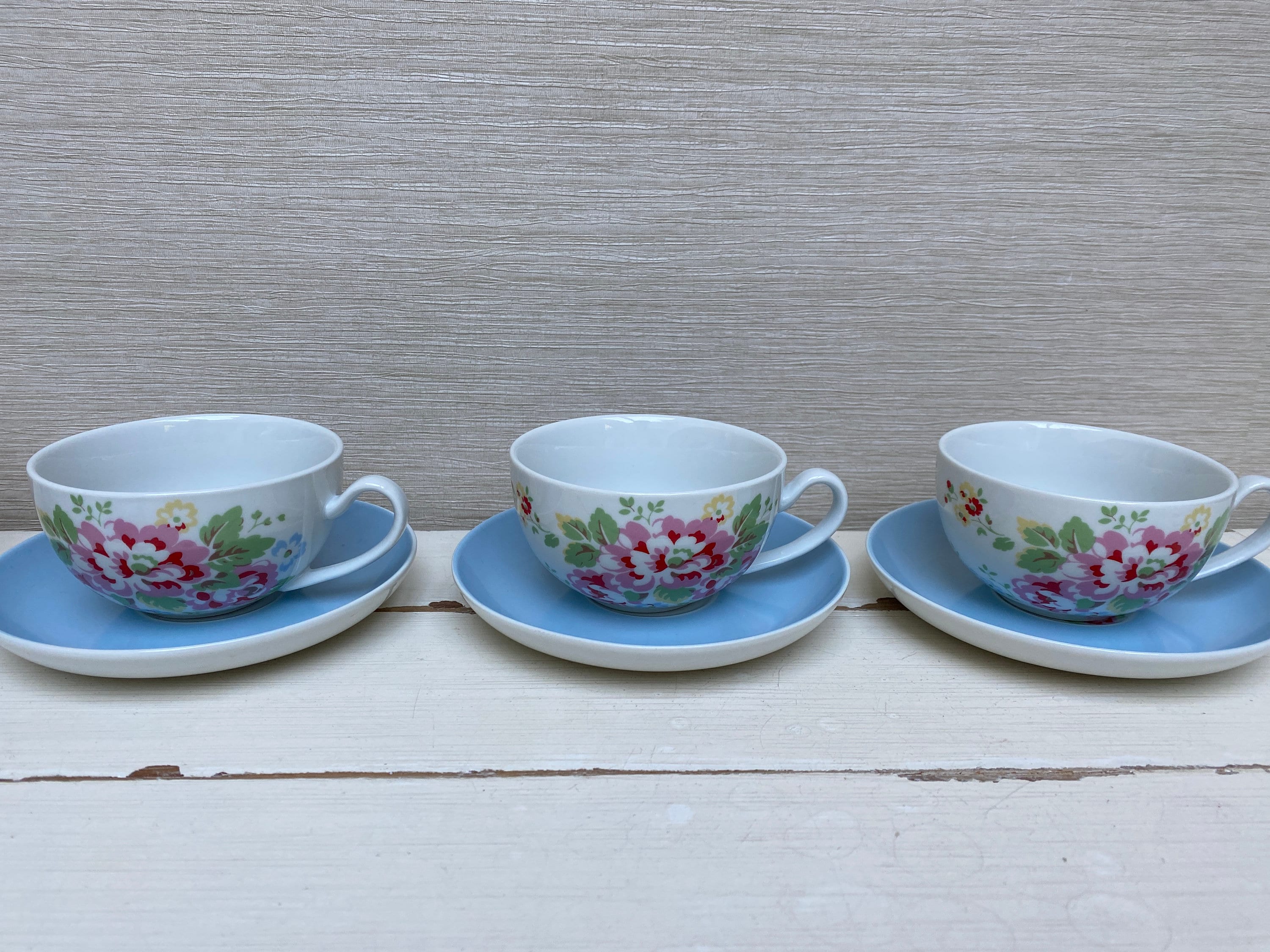Cath Kidston Teapot and Set of Three Small Cups Saucers Blue Provence Spray Flowers Etsy