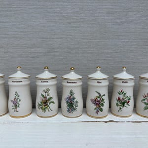 Set of Seven Flower Fairy 1989 Gresham Ceramic Spice Jars - Chilli, Cloves, Cayenne, Mint, Marjoram, Paprika, Rosemary