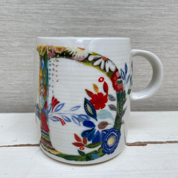 Anthropologie Letter D Initial Starla M Halfman Monogram Ceramic Floral Mug