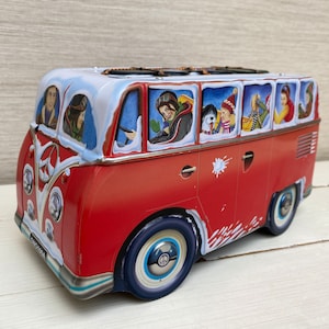 Camper Van Storage Tin Snow / Christmas /Holiday Collectable Novelty Red