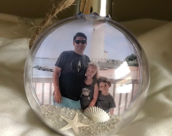 Personalized Beach Ornament - Custom Photo Ball Ornament - Your Photo and Personalized Message - With Sand and Seashells