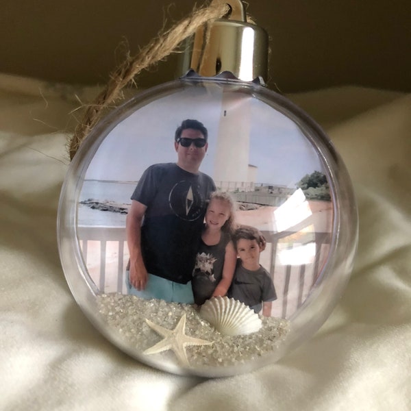 Personalized Beach Ornament - Custom Photo Ball Ornament - Your Photo and Personalized Message - With Sand and Seashells