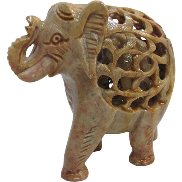 Sammlerstück Handgemachte Speckstein Elefant mit Baby Indianer Schnitzerei Skulptur Figur Statue (No7)
