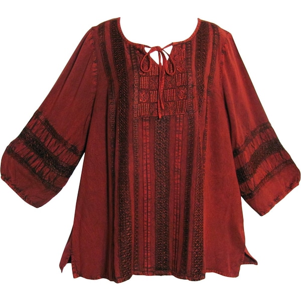 Plus Bohemian Stonewashed Embroidered Cotton Long Sleeve Peasant Boho Blouse Top