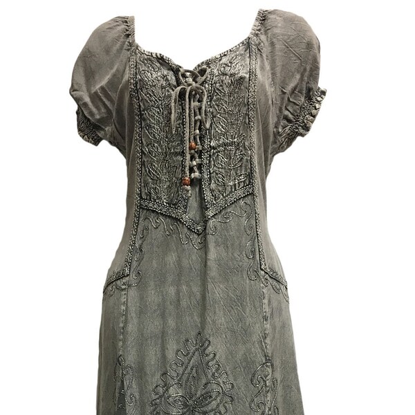 Boho Puffed Sleeve Stonewashed Embroidered Renaissance Corset Long Dress