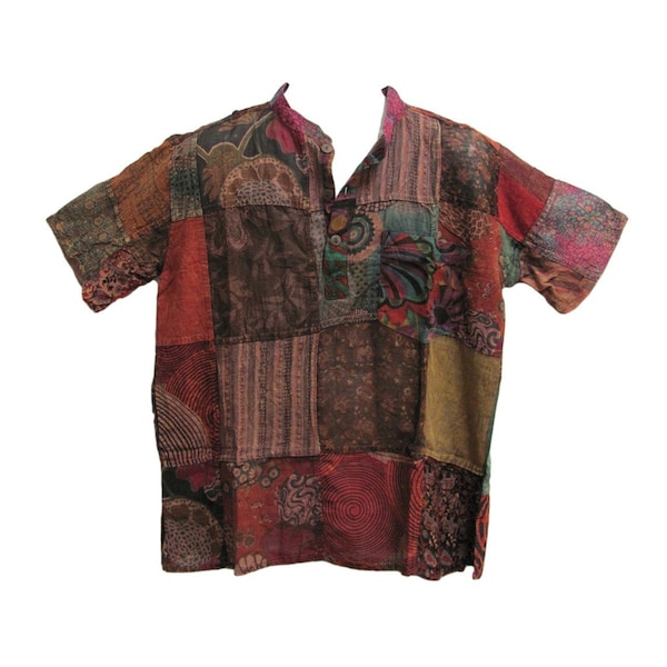 Men's Indian Bohemian Hippie Short Sleeve Vintage Patchwork Shirt