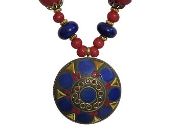 Handmade Lapis & Coral Tibetan Long Bead Necklace w/ Medallion